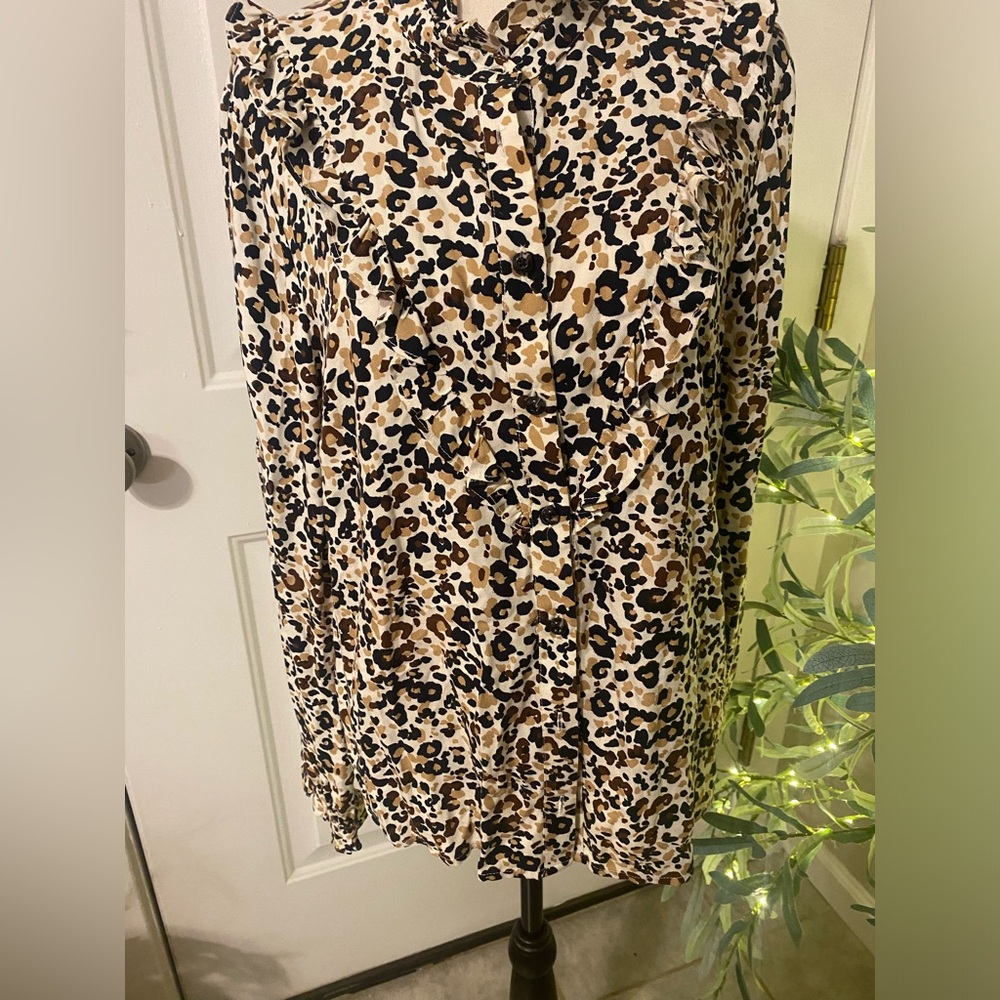 Maeve by Anthropology Katia Leopard Ruffle Long Sleeve Top‎ Women's Size 16P